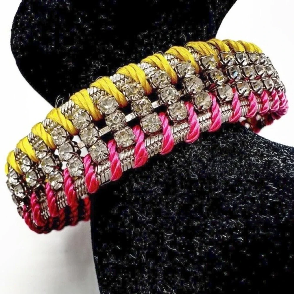 LOFT‎ Woven Rhinestone Cord Bracelet Silver Tone Pink Yellow Magnetic Clasp J-01